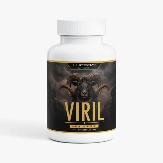 VIRIL natural vitality and performance support supplement bottle with label, designed for sexual and reproductive wellness by Lucera Labs
